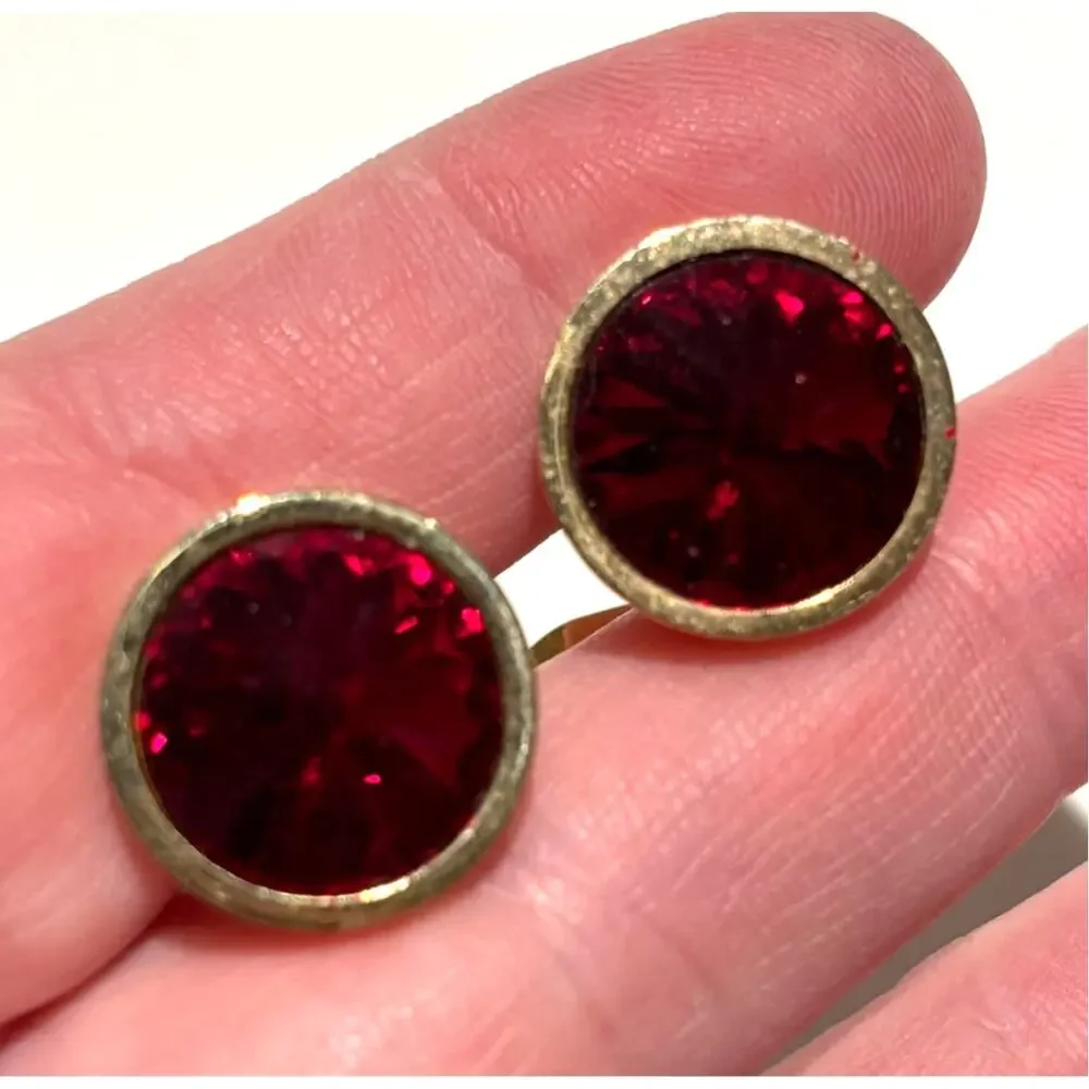 Vintage Mid Century Gold Cufflinks Red Tivoli Style Stones Signed West Germany